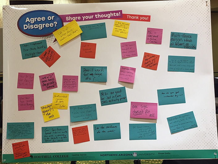 Poster board covered with hand written sticky notes in a variety of colors.  Title of the board is 'Agree or Disagree? Share your thoughts!'