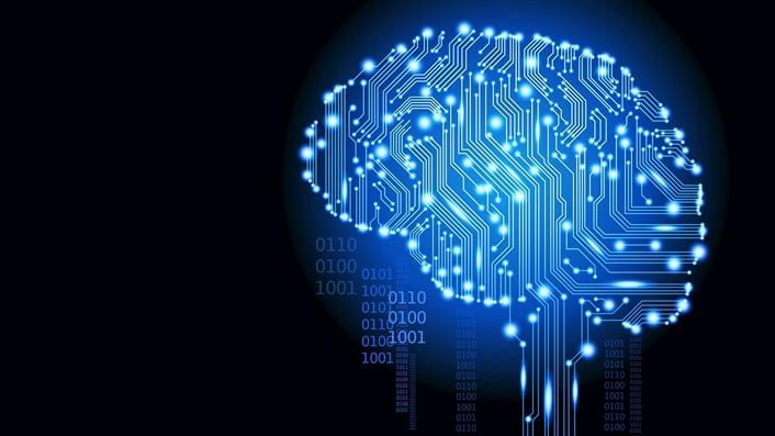 image of lighted computer circuits in the shape of a human brain and brain stem