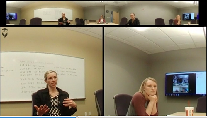 3 panels: 1 is 360 degree view of the room and 2 others are face views of 2 of the people in the room.