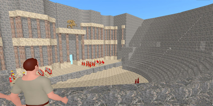 in the forefront (lower left) is a person standing on a ledge of a coliseum looking into it. The far wall has columns along it and the stage has people in a formation. to the right are seats