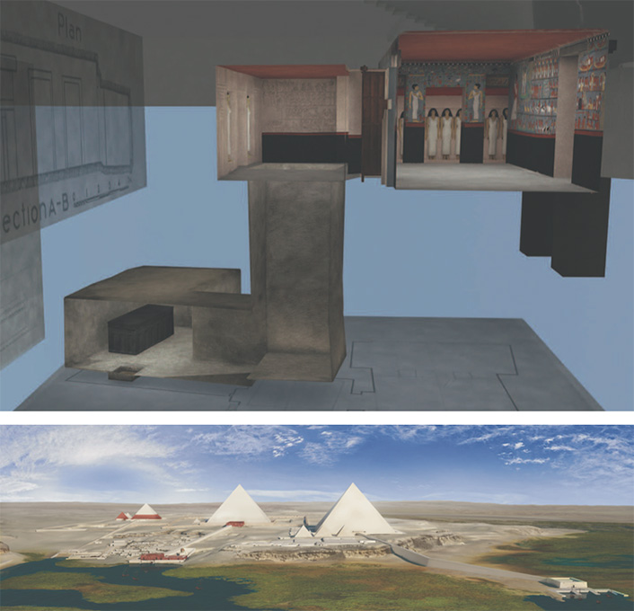 Screenshot from VR: Two images. top image is layout of rooms. bottom image is shot of multiple pyramids from a distance.