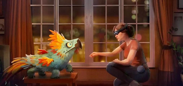 Magic Leap concept art - woman kneeling down to see a dog/rooster/lizard-like creature
