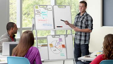 Four students collaborate using huddle boards