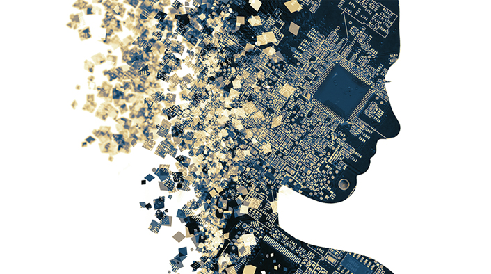 human profile being formed by bits of a circuit board