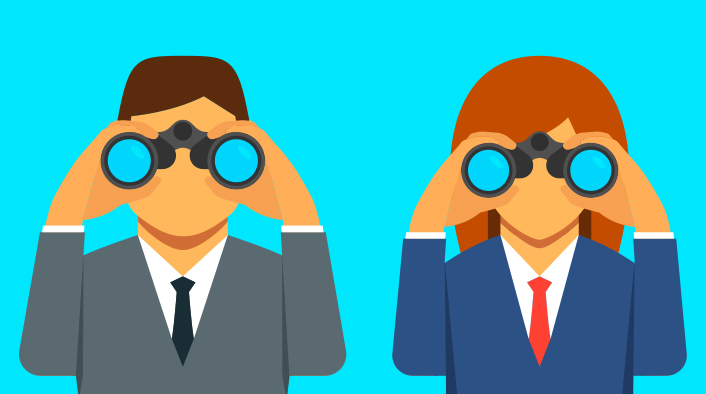 male and female figures in jacket and tie each looking through binoculars at the reader