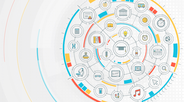 concentric circles with various education related icons on them (school bus, math problem, microscope, music notes, lightbulb, etc.)