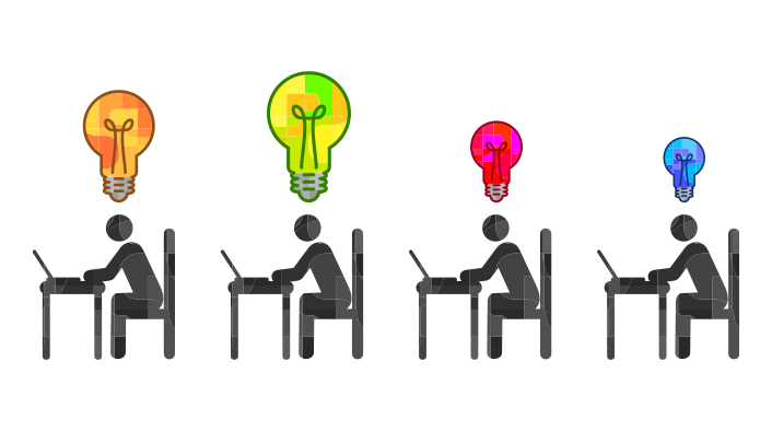 four seated human stick figures using laptops with colored lightbulbs above each of their heads