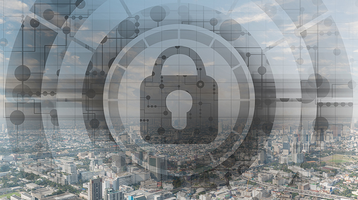 virtual locking padlock on cityscape background