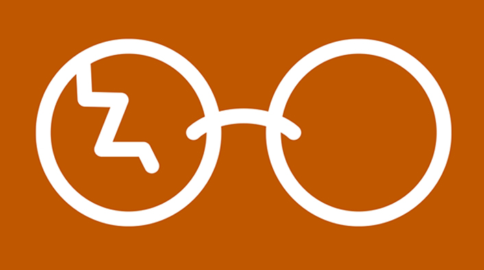 iconic drawing in University of Texas colors of round eyeglasses with a zig-zag crack in one lens