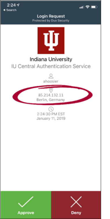 snapshot of an Indiana University login notification