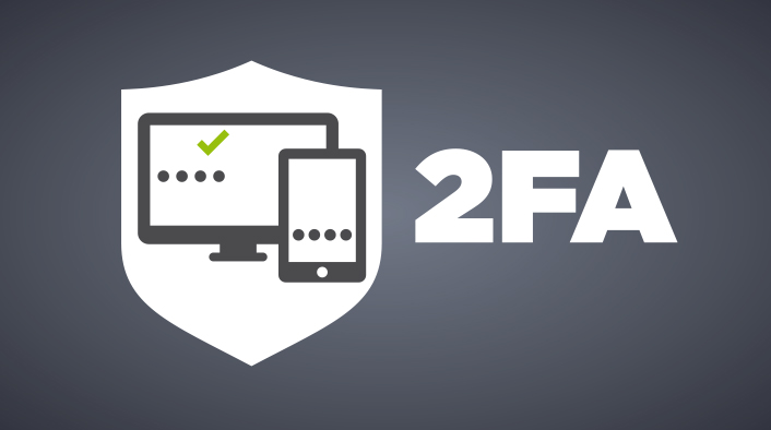 graphic of laptop and mobile device in shield  icon labeled 2FA