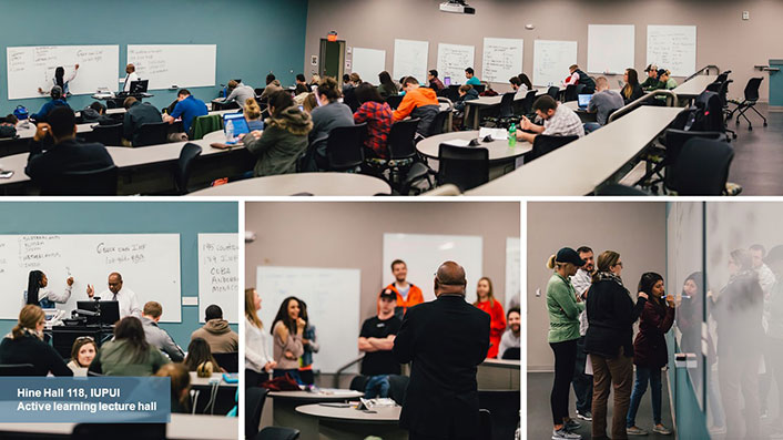 Composite image of classroom. Title: Hine Hall 118, IUPUI Active learning lecture hall. Top row image: Full width with students seated and instructor at the front. Second row has three images: close up of instructor lecturing and someone writing on the white board behind him. Group of students standing and talking to instructor. Group of students working at a white board.