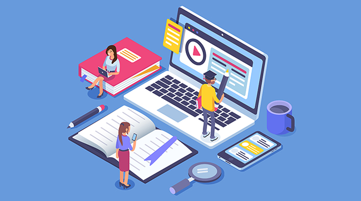 Online education concept banner with characters. Drawing of laptop with a smartphone to the right, a journal in front of it and a book to the left. Drawing of a person standing on the laptop, another one standing in front of the journal and a third sitting on the book.