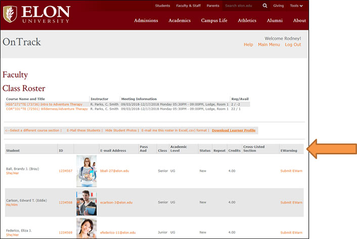 . A sample view of students in a faculty member’s class roster on Colleague, Elon’s student information system, with an option to download individual Learner Profiles.