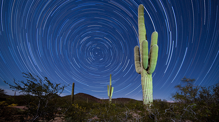 time-lapsed photo of stars in a night sky spiraling above a desert landscape and saguaro cactuses