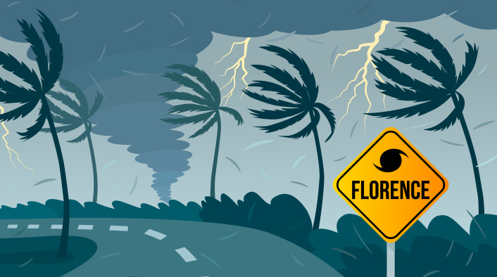 drawing of hurricane-like storm with a highway, tornado, lightning, swaying palm trees, and a yellow diamond-shaped traffic sign with a black hurricane symbol and the word FLORENCE written on it