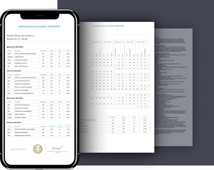 sample blockchain-secured digital transcript snapshot and on mobile device