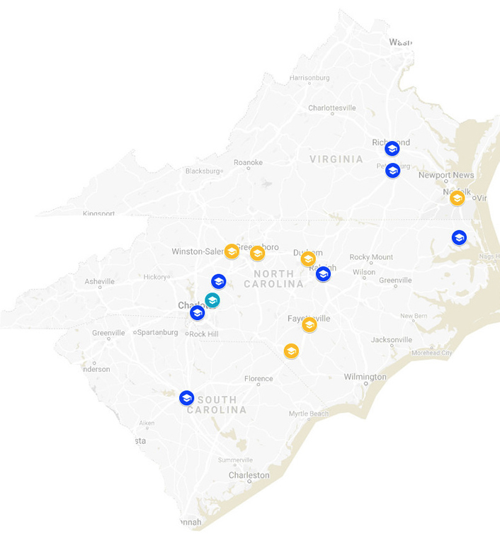 Map illustrating participating East Coast institutions in the inaugural CyberRISK (Regional Information Security Knowledge-sharing) Workshop