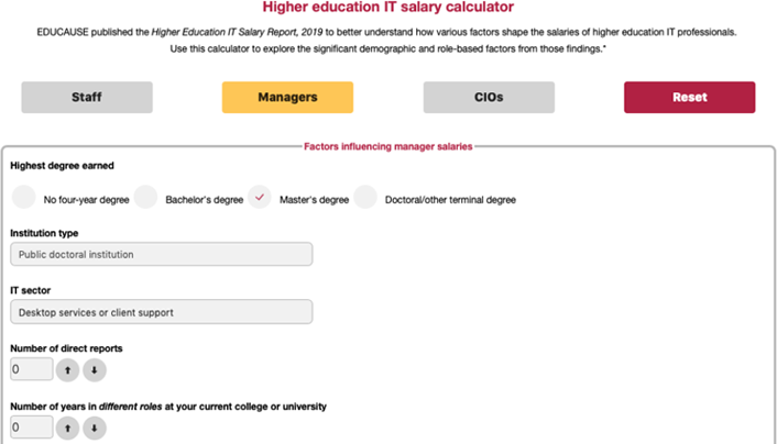snapshot of the higher education IT interactive salary calculator dashboard