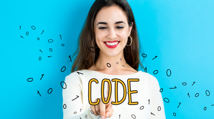 Woman touching the word CODE with a finger while ones and zeros swirl around it