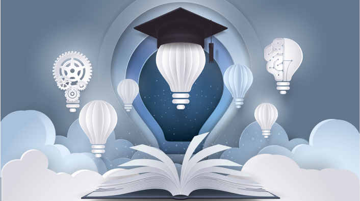 Open book with Light bulb and graduation cap