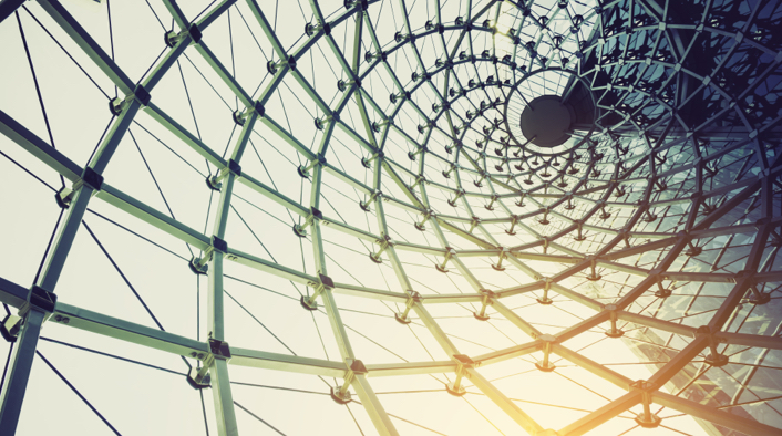 looking up through a conical glass and metal structure