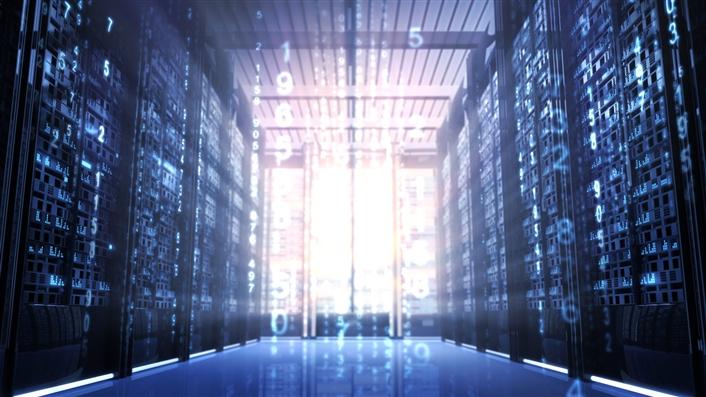 Server room with data floating around