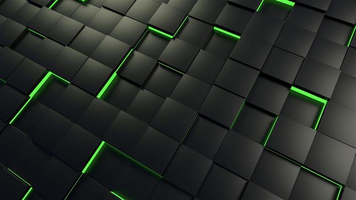 grid of offset black squares with green light shining up from below