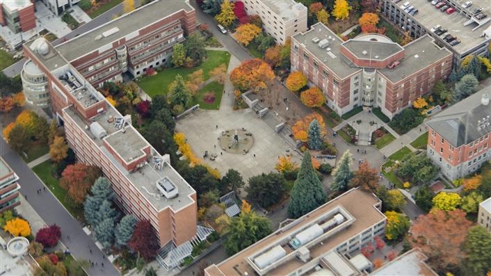 aerial view of a campus common area