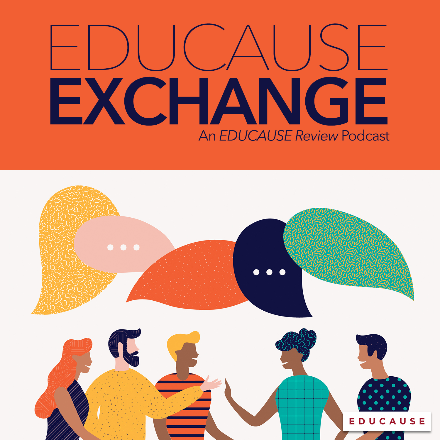 EDUCAUSE Exchange | An EDUCAUSE Review Podcast | Artwork with illustrations of people in conversation