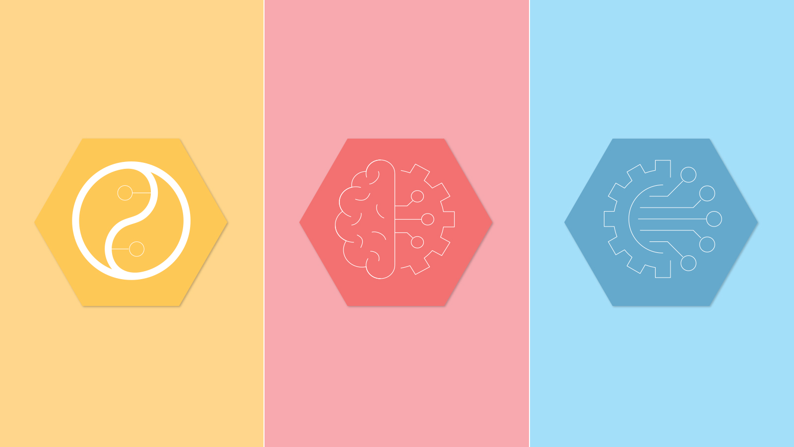 Three sections, one yellow, one pink, one blue