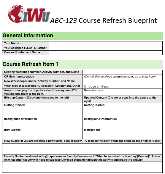 A sample blueprint document showing the fields that instructors fill out for the refresh. The document is divided into two columns, with the left one covering the activity that is being refreshed (name, type, objectives, existing form) and the right side with space to enter the details for the revised activity.