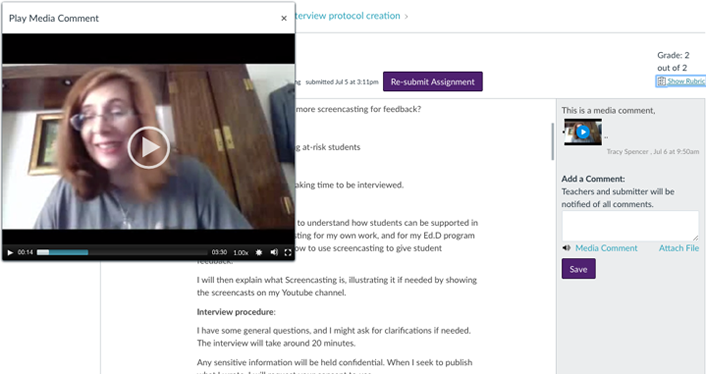 Figure 2. Tracy Spencer using video to give feedback on an assignment